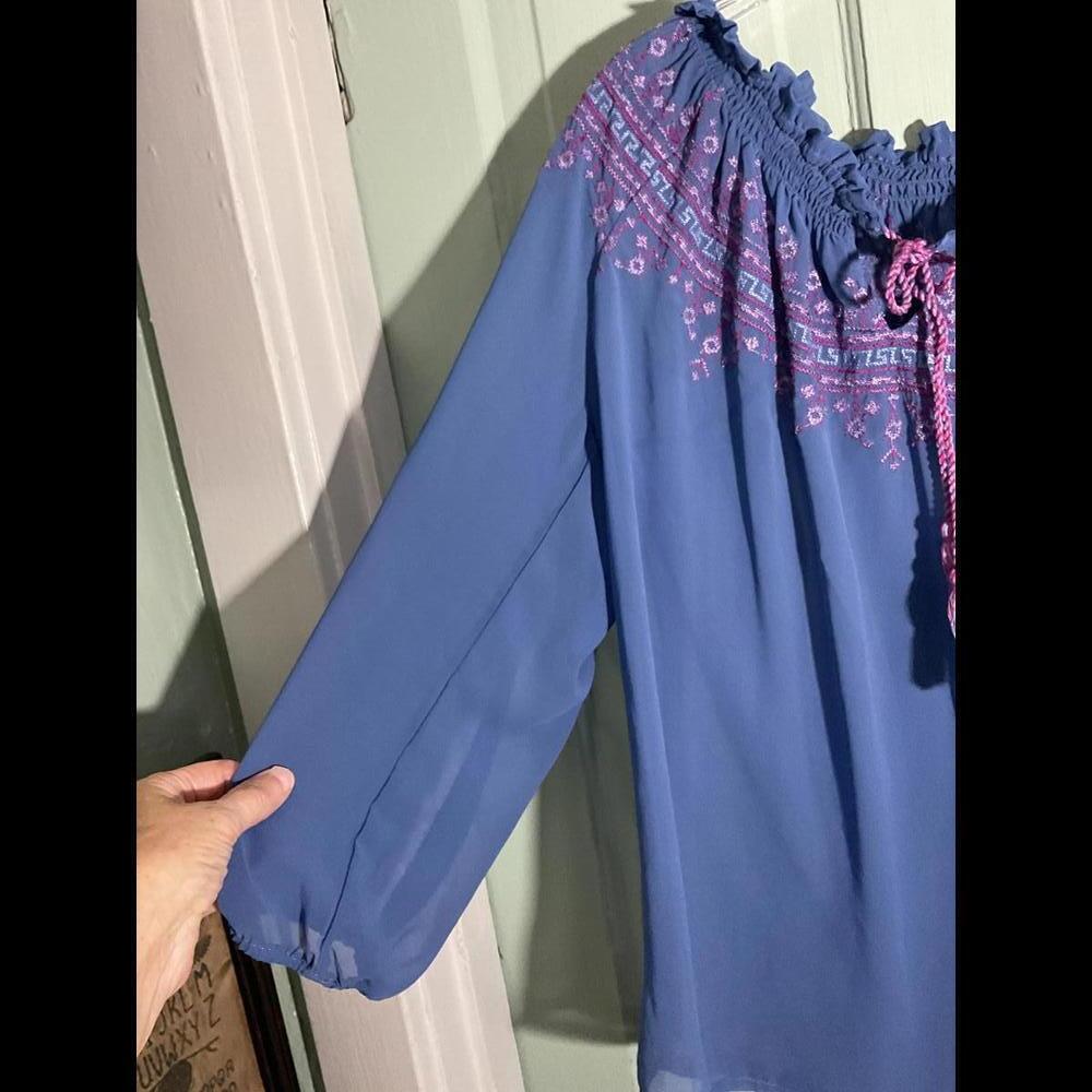 Boutique Sheer Blue  Boho Blouse with Purple Embroidery and Tassels Size XL - Picture 3 of 9